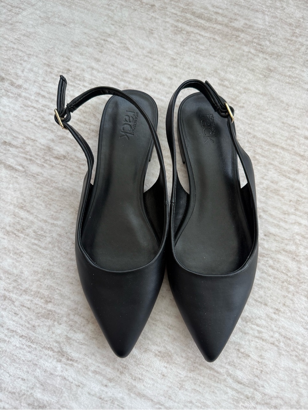 Pointed Black Slingback Flats with Ankle Buckle
